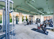 Thumbnail 17 of 25 - A gym with a variety of equipment including treadmills, weights, and exercise machines.