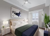 Thumbnail 6 of 28 - a bedroom with a bed and a ceiling fan
