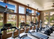 Thumbnail 5 of 28 - a gym with a lot of treadmills and televisions at Retreat at Shadow Creek Ranch Apartments, Woodburn