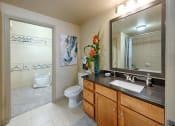 Thumbnail 25 of 28 - a bathroom with a toilet sink and mirror at Retreat at Shadow Creek Ranch Apartments, Woodburn, Texas