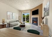 Thumbnail 2 of 24 - a living room with a fireplace and a table and chairs at Eagles Landing Apartments, Washington, 98204
