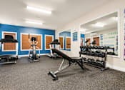 Thumbnail 9 of 22 - a gym with weights and exercise equipment in a room with blue walls at Sage Apartments, Everett, Washington