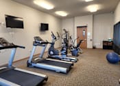 Thumbnail 7 of 34 - A gym with treadmills, exercise bikes, and other equipment.