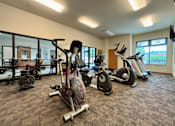 Thumbnail 10 of 34 - A gym with a variety of exercise equipment including treadmills, stationary bikes, and elliptical machines.