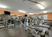Thumbnail 14 of 44 - A gym with a variety of equipment including treadmills, weights, and exercise machines.