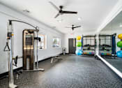 Thumbnail 21 of 60 - a gym with weights and mirrors and a ceiling fan