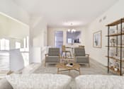 Thumbnail 10 of 102 - A living room with a grey couch and a wooden coffee table.