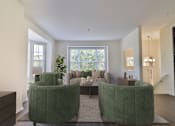 Thumbnail 6 of 93 - A living room with two green chairs and a couch.