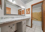 Thumbnail 48 of 52 - A bathroom with a marble countertop and a large mirror.