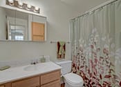 Thumbnail 33 of 48 - A bathroom with a sink, mirror, toilet and shower curtain.