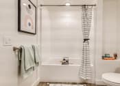 Thumbnail 63 of 69 - a bathroom with a white toilet next to a bathtub with a shower curtain