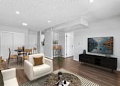 Thumbnail 14 of 30 - Spacious living area in 1 bed 1 bath Azusa Gardens apartment home with plank flooring and open concept layout leading to dining nook and gorgeous updated kitchen.