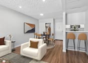 Thumbnail 15 of 30 - spacious living room in Azusa gardens 1 bed 1 bath apartment home with wood-style plank flooring, large window, and open concept layout leading to dining nook and gorgeous updated kitchen.