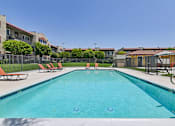Thumbnail 5 of 30 - Luxurious swimming pool at Azusa Gardens surrounded by chaise loungers and lush greenery