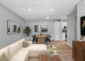Thumbnail 21 of 30 - Living area in 2 bed 1 bath Azusa Gardens apartment home which leads into the dining nook and kitchen. Wood-style plank flooring, large windows and open concept layout makes the space feel spacious inviting and serene.