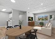 Thumbnail 20 of 30 - View of living room and kitchen from dining nook in Azusa Gardens 2 bed 1 bath apartment home with wood style plank flooring, and view of large windows in the living area which allow gorgeous natural lighting to filter throughout the space.