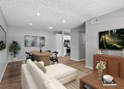 Thumbnail 22 of 30 - Living area in 2 bed 1 bath Azusa Gardens apartment home which leads into the dining nook and kitchen. Wood-style plank flooring, large windows and open concept layout makes the space feel spacious inviting and serene.