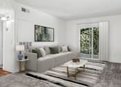 Thumbnail 19 of 31 - Living Room in 2 Bed 1 bath bent tree apartment home with carpeted flooring, and sliding doors leading to private patio/balcony. Sliding doors allow for gorgeous natural lighting to fill the space.