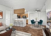 Thumbnail 26 of 31 - Living Room in 2 Bed 2 Bath Bent Tree Apartment with Large Windows allowing for gorgeous natural lighting, wood plank-style flooring, and view into dining nook & kitchen complete with bar top seating