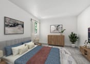Thumbnail 16 of 31 - Second Bedroom in 2 Bed 1 Bath Option B Bent Tree Apartment with carpeted flooring and a large window allowing for cozy views of the shady trees and gorgeous natural lighting to filter into the space.