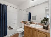 Thumbnail 37 of 37 - Bathroom in 1 Bed 1 Bath A California Place floor plan with light wood cabinetry, a large vanity mirror and a shower/tub
