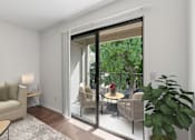 Thumbnail 29 of 37 - A living room with a sliding glass door leading to a balcony.
