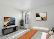 Thumbnail 30 of 37 - Spacious bedroom in 1 bed 1 bath B apartment home at California place with carpeted flooring and window allowing for gorgeous natural lighting