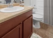 Thumbnail 23 of 37 - Bathroom 1 in 2 Bedroom California Place apartment home with a shower/tub, large vanity mirror, and plenty of cabinet space