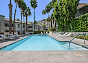Thumbnail 2 of 26 - A swimming pool surrounded by palm trees and lounge chairs.