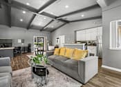 Thumbnail 4 of 31 - Leasing Office at Bent Tree with plush couches, high ceillings, a kitchen, and leasing staff ready to help you find your dream home, or assist residents.