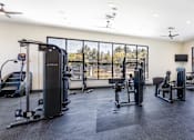 Thumbnail 57 of 57 - A spacious gym with a variety of equipment and a view of trees outside the windows.