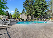 Thumbnail 4 of 27 - A large outdoor swimming pool surrounded by lounge chairs and trees.