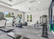 Thumbnail 11 of 28 - A well-equipped gym with treadmills, weights, and exercise balls.