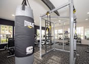 Thumbnail 15 of 24 - A gym with a punching bag and weightlifting equipment.