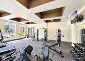 Thumbnail 8 of 30 - A gym with a variety of equipment including treadmills, weights, and exercise machines.