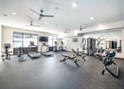 Thumbnail 20 of 34 - A spacious gym with a variety of equipment including treadmills, weights, and exercise machines.