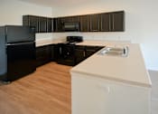 Thumbnail 16 of 18 - A kitchen with black cabinets and a black fridge.at Union at 16th, Indianapolis, 46222