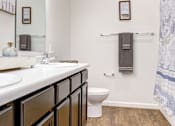 Thumbnail 12 of 13 - A bathroom with a white sink, black drawers, and a white toilet.at Union at Crescent, Bloomington  