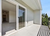 Thumbnail 63 of 74 - A patio with a sliding glass door and a striped rug.