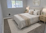 Thumbnail 6 of 17 - A bedroom with a bed, nightstand, and window.