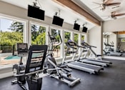 Thumbnail 13 of 40 - A home gym with a treadmill, exercise bike, and other equipment.