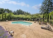 Thumbnail 6 of 40 - A pool surrounded by trees and purple flowers.