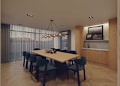 Thumbnail 5 of 11 - A modern dining room with a large table and chairs.