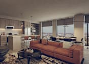 Thumbnail 9 of 11 - A modern living room with a large window overlooking the city.