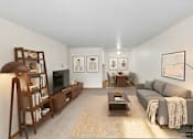 Thumbnail 16 of 39 - A living room with a grey couch, a coffee table, a bookshelf, and a lamp.