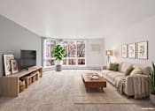Thumbnail 50 of 58 - A living room with a couch, a coffee table, a television, and a potted plant.