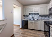 Thumbnail 28 of 59 - A kitchen with a black fridge, black countertops, and a black stove.