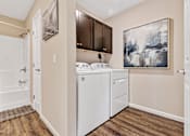 Thumbnail 16 of 19 - A laundry room with a washer and dryer.