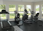 Thumbnail 5 of 12 - A variety of exercise equipment is arranged in a room with large windows.