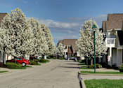 Thumbnail 9 of 17 - A residential street lined with blooming trees and parked cars. at Twin Fountains Apartments, Mason, OH